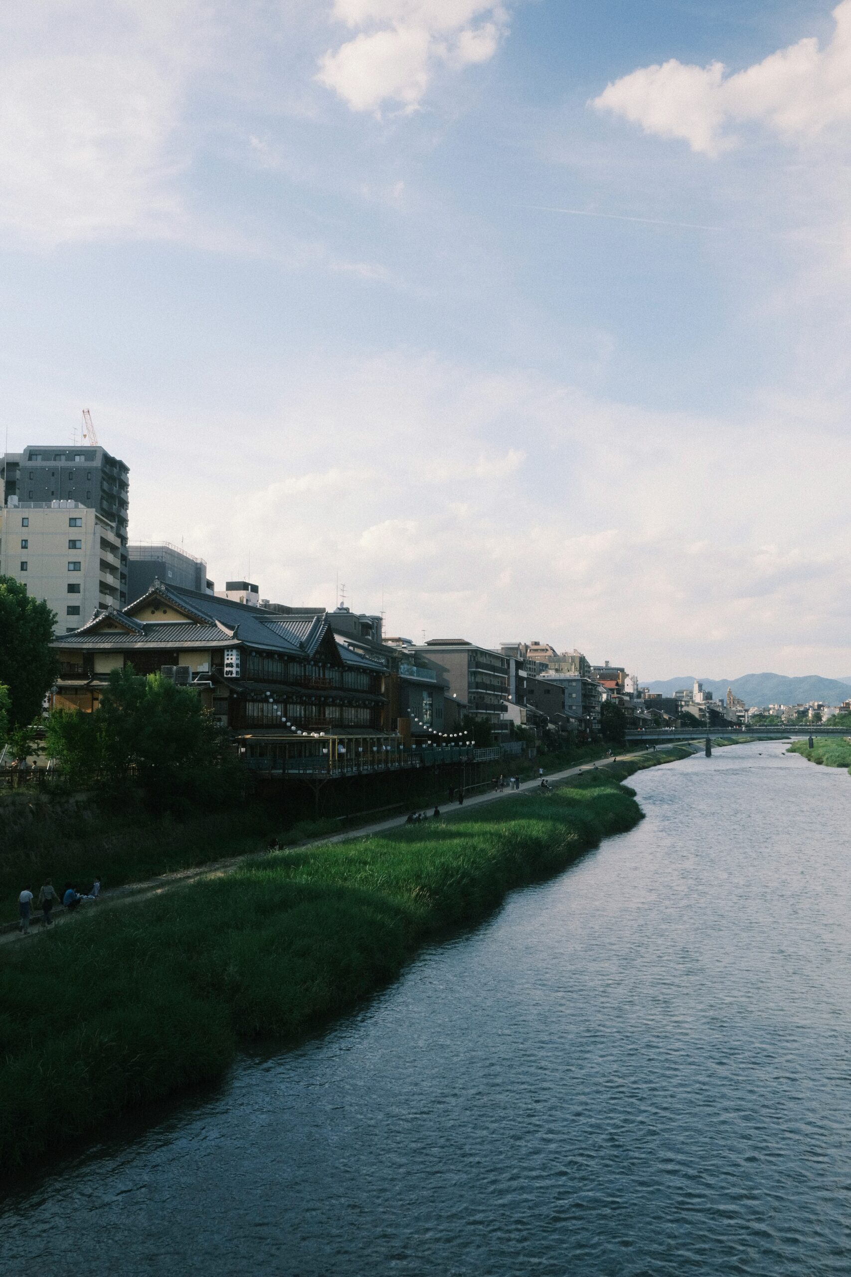 Scenic walk along the Kamo River in central Kyoto, Japan